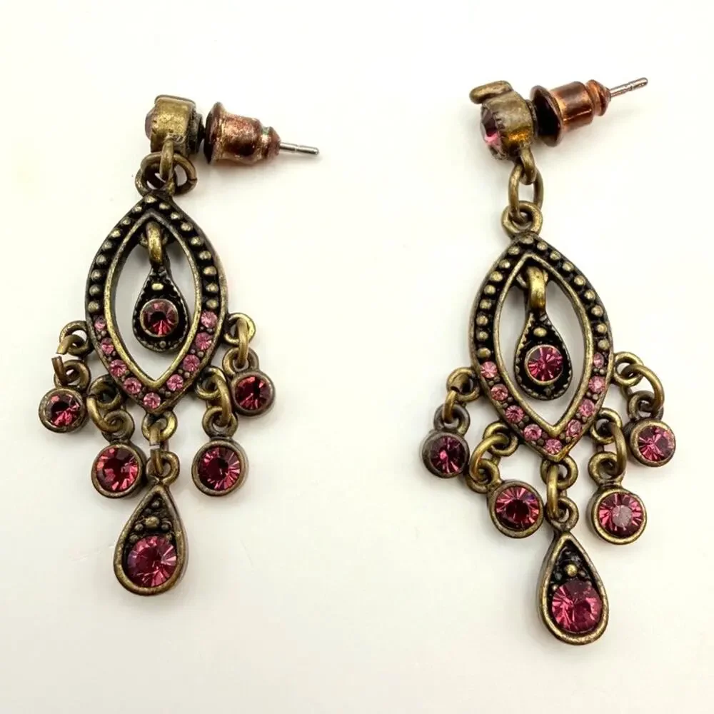 Lot of 3 Vintage Victorian Style Brass Boho Crystal Chandelier Dangle Earrings